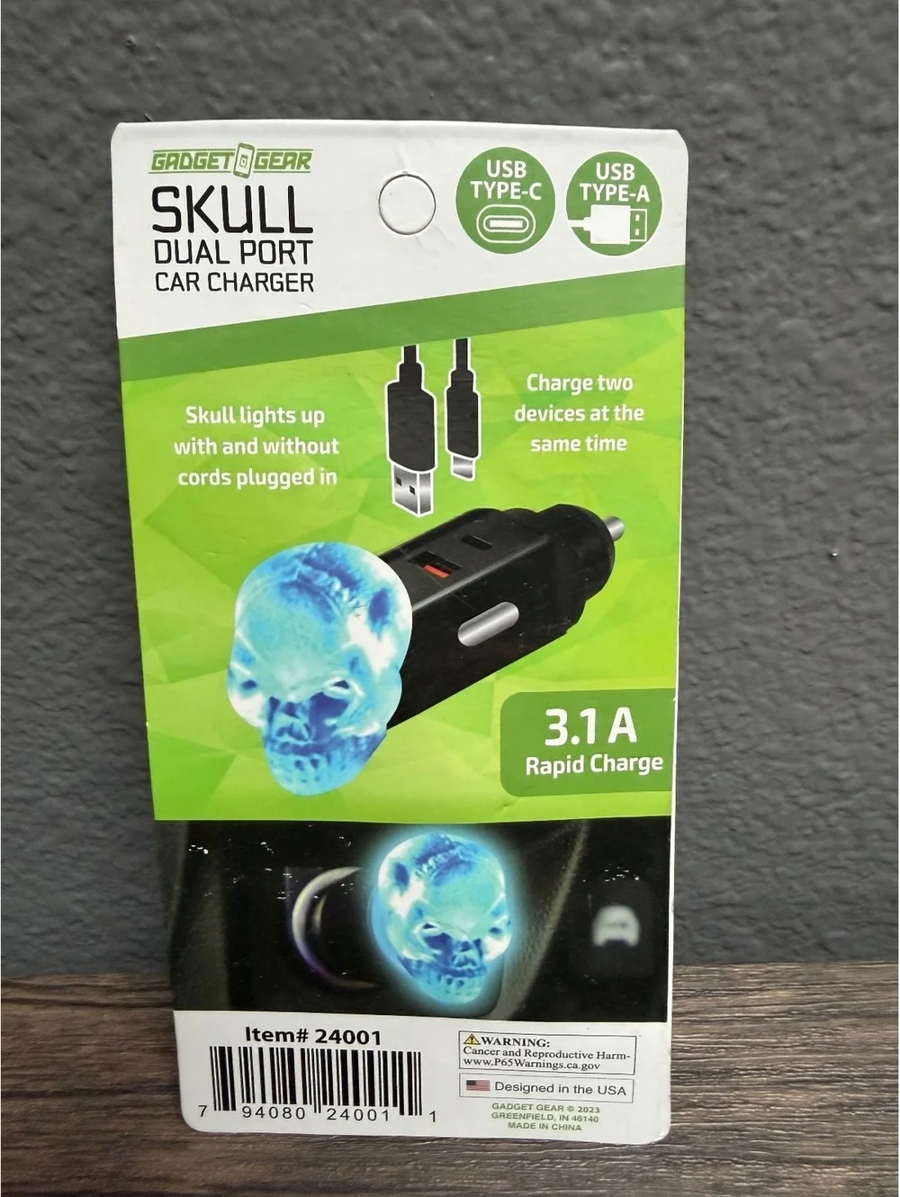 Skull Car Charger Dual Port 3.1A Rapid Fast Charge Blue LED Light Up Glow New